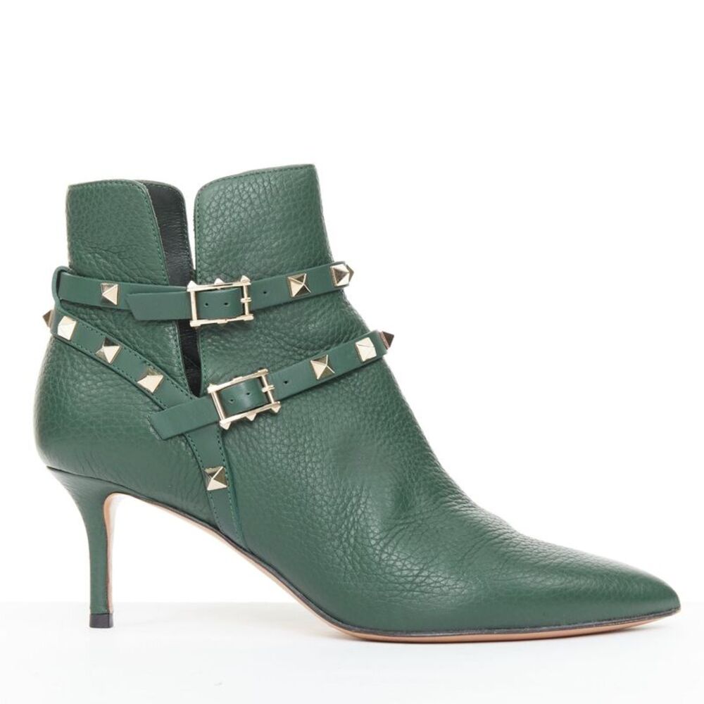 Valentino Rockstud green pebbled leather gold stud boots